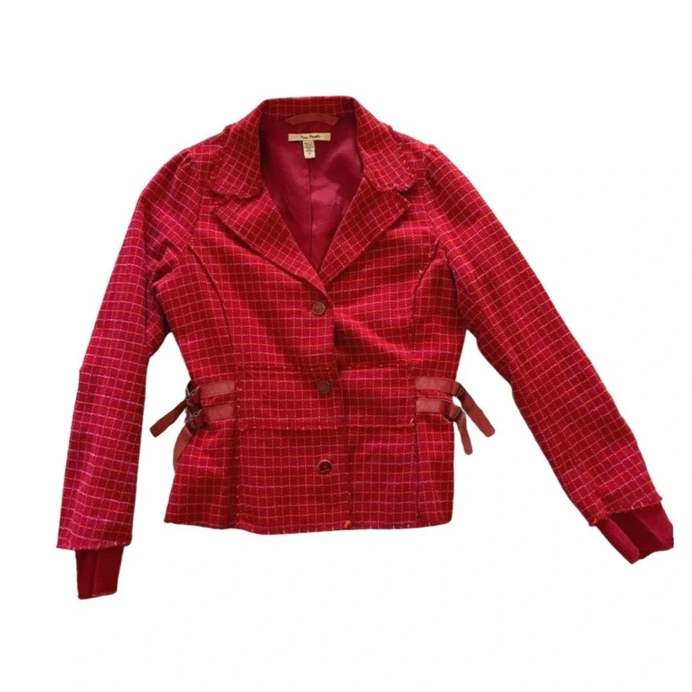 Free People Red Plaid Blazer Jacket‎ Leather Buckle Waist Women's Size 12